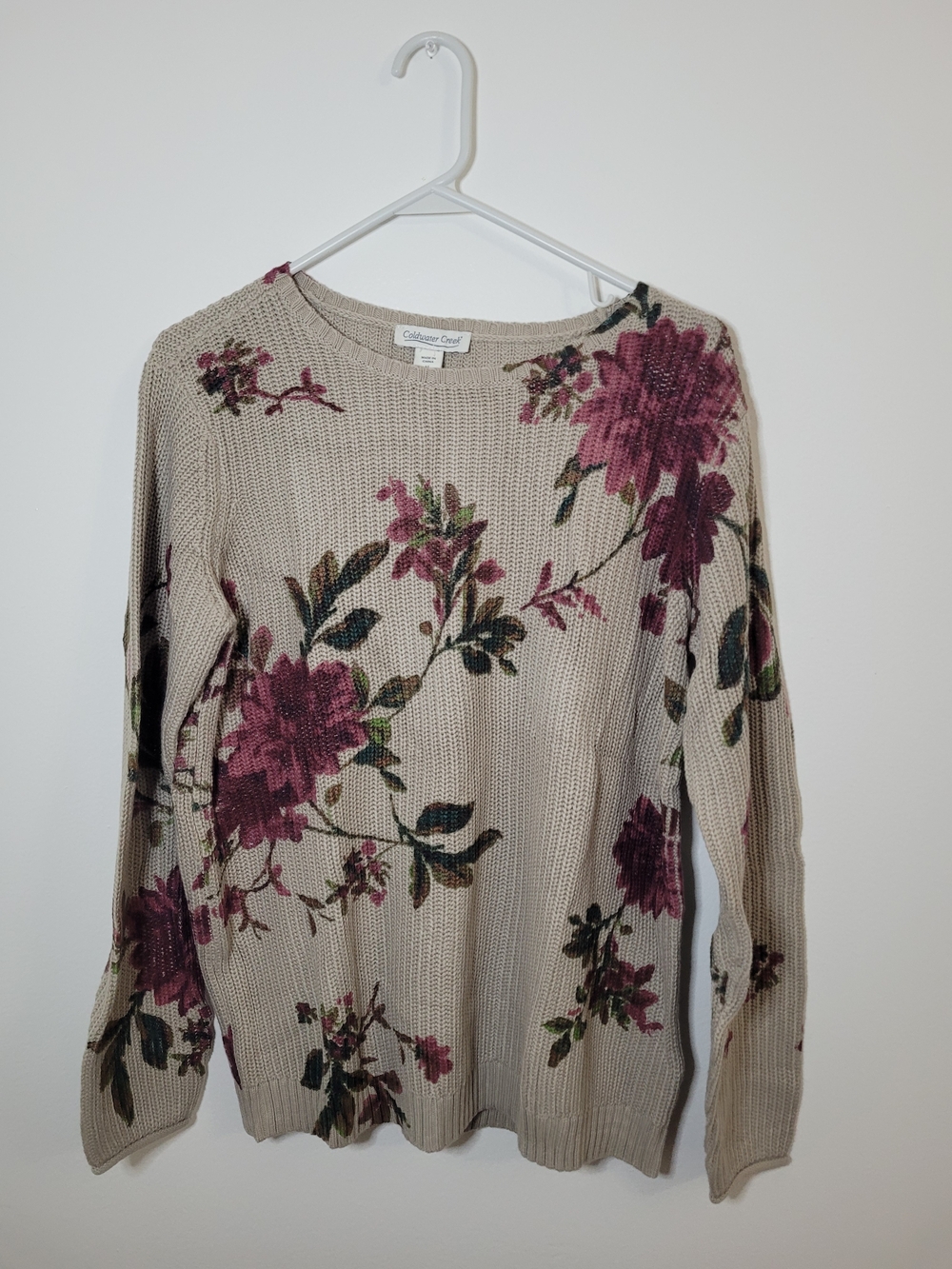Coldwater Creek Women's Beige Floral Knit Pullover Sweater Size Medium